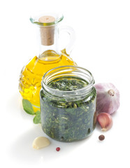 Canvas Print - pesto sauce and ingredient on white