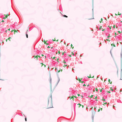 Wall Mural - Pink flamingo body of roses seamless pattern