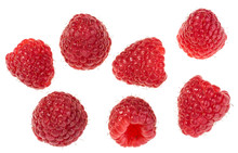 Group Of Delicious Juicy Forest Raspberries. Collection Of Individual Red Fruits Isolated On White Background.