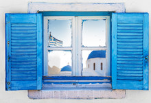 Beautiful Vintage Greek Window With Blue Shutters. Typical Greek Picture.