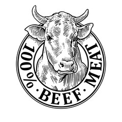 Wall Mural - Cows head. 100 % beef meat lettering. Vintage vector engraving