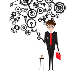 Poster - Man in Suit with Cogs on White Background