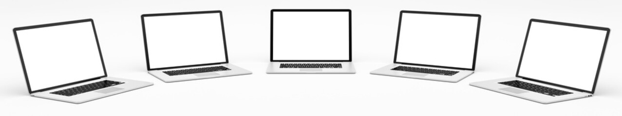 Wall Mural - five modern digital silver and black laptop 3d rendering