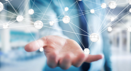 Fototapete - Businesman using flying network balls connection 3D rendering
