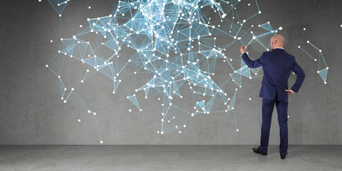 Poster - Businessman using connection network on a wall 3D rendering