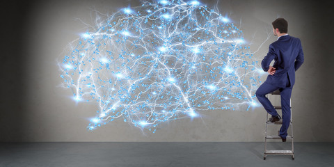 Poster - Businessman using digital brain interface on a wall 3D rendering