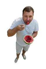 Sticker - man eating a spoonful of watermelon, foreshortening from above, caricature, isolated on white background