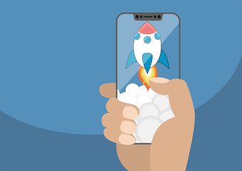 Cartoon rocket launching from frameless touchscreen with smoke. Vector illustration of hand holding modern bezel free smartphone. 