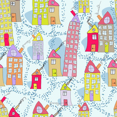  Seamless pattern of hand drawn houses in winter town