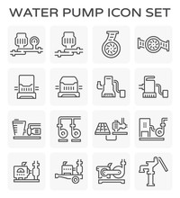 Water Pump Station Icon. Consist Of Centrifugal, Submersible And Well Pump. Powered By Engine, Hand And Electric Motor With Solar Energy. For Water Supply Infrastructure, Plumbing And Irrigation.