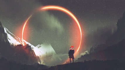 man standing in front of red light circle, digital art style, illustration painting