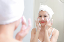 Asian Woman Cleaning Face Skin Enjoy Herself With Bubble Cleansing Foam.