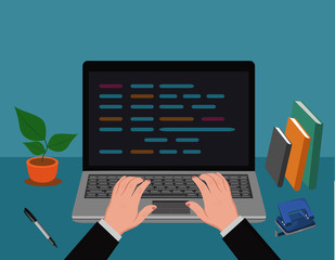 hands typing on laptop, vector illustration