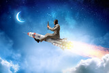 Fototapeta Sport - Aviator riding rocket. Mixed media