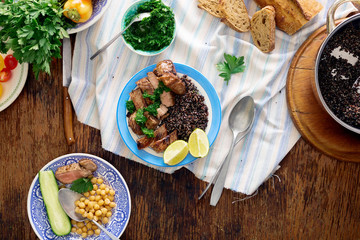 Poster - Slices of beef steak with quinoa on plate. Healthy food