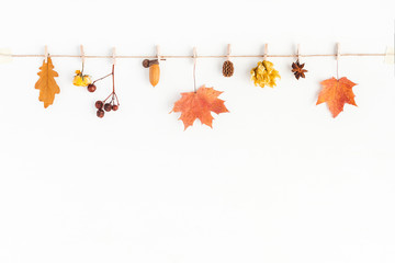 Autumn composition. Autumn flowers and leaves, acorn, pine cone, anise star. Flat lay, top view, copy space