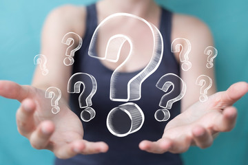 Poster - Businesswoman touching and holding hand drawn question marks