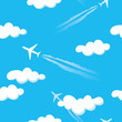 Simple blue cloudy sky airplanes seamless pattern
