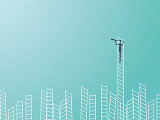 Businessman standing on top of a ladder with a telescope or monocular. Business leadership or visionary vector concept.