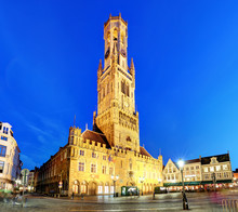 The Belfry Tower, Aka Belfort, Of Bruges, Medieval Bell Tower In The Historical Centre Of Bruges, Belgium.
