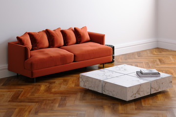 Wall Mural - New white living room interior with velvet red minimalistic sofa on wood floor parquet 3d render version 11