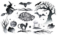 Halloween Hand Drawing Black White Graphic Set Icon, Drawn Hallo