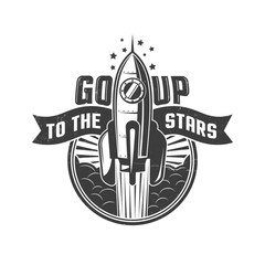 Wall Mural - Rocket flying to the stars -  round logo in retro oldschool style.