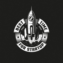 Wall Mural - startup rocket round logo on black background. vector illustration.
