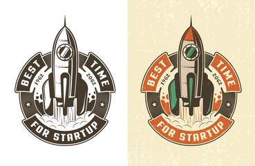 Wall Mural - retro emblem rocket takes off in a circular ribbon with the inscription is the best time for a start
