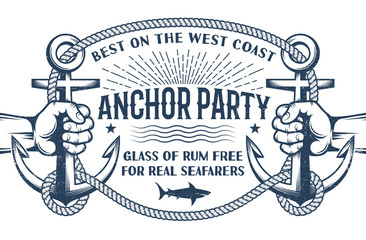 Poster - Vintage nautical poster with hands holding ship anchors and a frame of rope with inscriptions inside. Retro Marine Concept. Worn effect on separate layer and can be disabled.