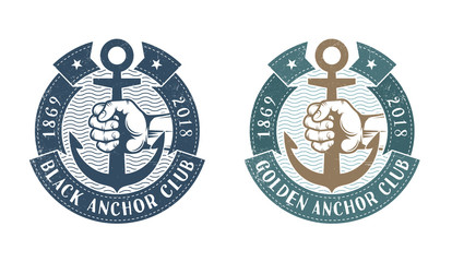 Wall Mural - hand holding an anchor surrounded by heraldic ribbons. nautical retro logo. worn texture on a separa