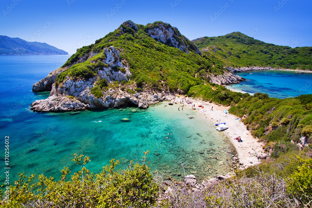 beautiful beach porto timoni near agios stefanos, corfu island, greece - obrazy, fototapety, plakaty 