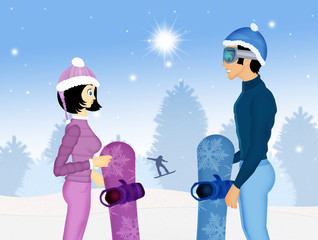 Sticker - couple with snowboard in winter