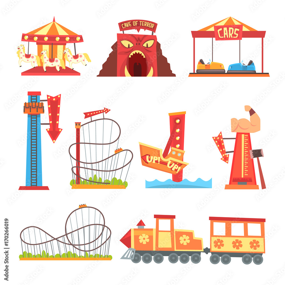 Amusement park elements set, funfair attraction colorful cartoon vector ...