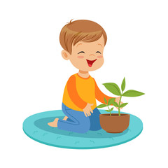 Sticker - Cute happy little boy sitting on the floor and examining a plant in clay pot, lesson of botany in kindergarten cartoon vector Illustration