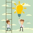 © alekseiveprev - Happy businessman holding idea bulbs as balloons flying pass another businessman climbing a ladder. Business competition concept.