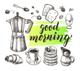 Wall Mural - Breakfast set. Traditional Italian coffee maker, coffee in a cup, toast, croissant, pancakes, boiled egg. Food elements collection. Vector ink hand drawn illustration with calligraphy style lettering.