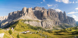 Fototapeta  - Panoramic view of Sella group mountain range or Gruppo del Sella and Gardena pass or Grodner Joch, South Tirol, Dolomite Alps, Italy