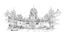 Hand Drawn Sketch Of Chhatrapati Shivaji Terminus (CST) Is A UNESCO World Heritage Site And An Historic Railway Station In Mumbai, India. Vector Illustration.