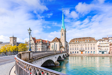 zurich, switzerland. view of the historic city center with famous fraumunster church, on the limmat 