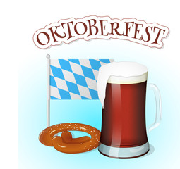 Glass of beer with pretzel, flag of Bavaria and lettering. Background for beer festival Oktoberfest in cartoon style. Vector illustration. Holiday Collection.