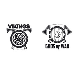 vector vikings gods of war icon logo template design set simple flat isolated illustration on a white background. Axes and shield with pattern image