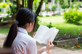 Fototapeta  - Woman reading book with blurry park background