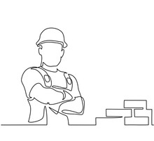 Continuous Line Drawing. Standing Builder Man Near Brick Wall. Vector Illustration On White Background