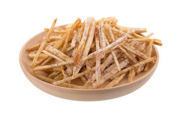 Wall Mural - fried Taro slices Dip into the caramel In the basket isolated on white background