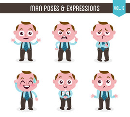 Wall Mural - Cartoon character of a man in different poses. Isolated on white background. Body gestures and facial expressions. Set 3 of 8.