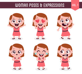 Wall Mural - Cartoon character of a woman in different poses. Isolated on white background. Body gestures and facial expressions. Set 1 of 8.