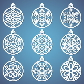 christmas balls set with a snowflake cut out of paper. templates for laser cutting, plotter cutting 