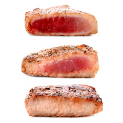 Wall Mural - Different degrees of meat doneness on white background