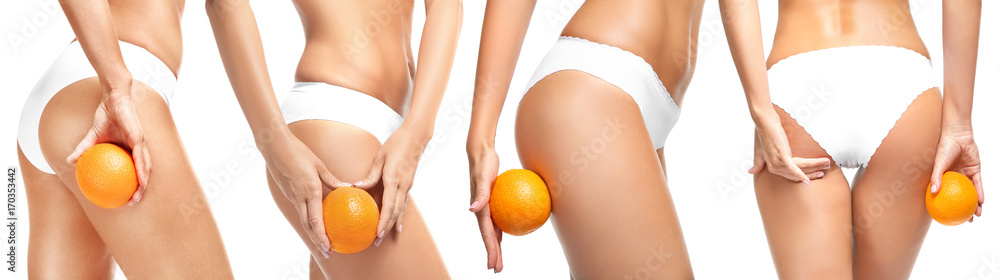 Collage of young woman with orange on white background. Cellulite problem concept - obrazy, fototapety, plakaty 